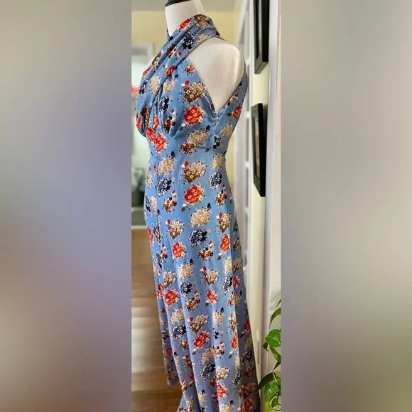 Vintage Dress Maxi 70s Twisted Halter Neck Floral Print Boho Hostess SZ: S - Picture 3 of 5